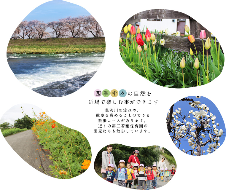 四季折々の自然を近場で楽しむ事ができます 豊沢川の流れや、電車を眺めることのできる散歩コースがあります。近くの第二若葉保育園の園児たちも散歩しています。